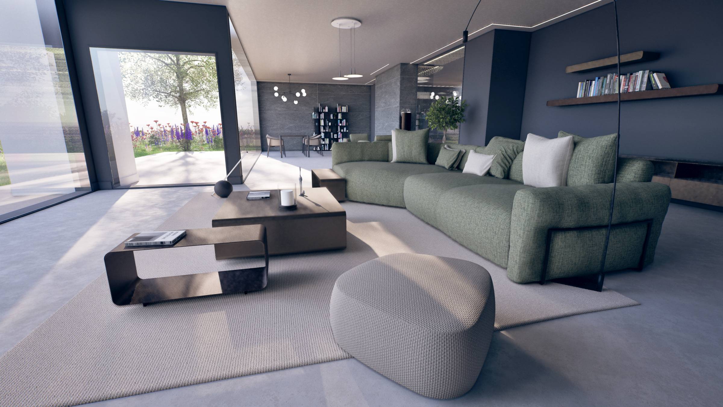 A living room designed in Roomr, shown as a line drawing on one side and a finished render on the other