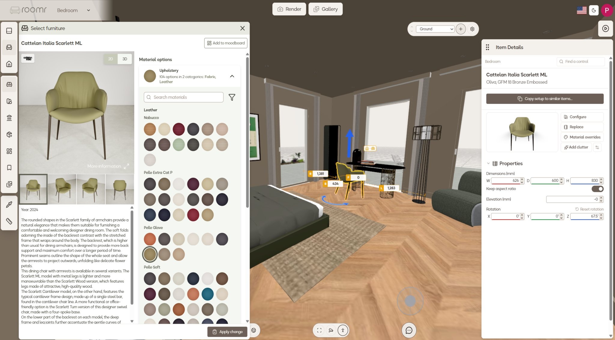 The same bedroom open in Roomr's full editor, with the armchair selected and its real dimensions, materials and price shown