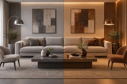 The same living room twice, with a grey sofa on the left and the warmer rust version on the right